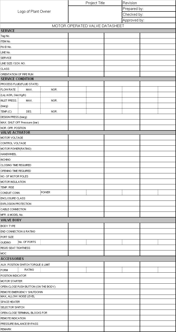 Typical Instrument datasheet- Motor Operated Valve - EnggCyclopedia