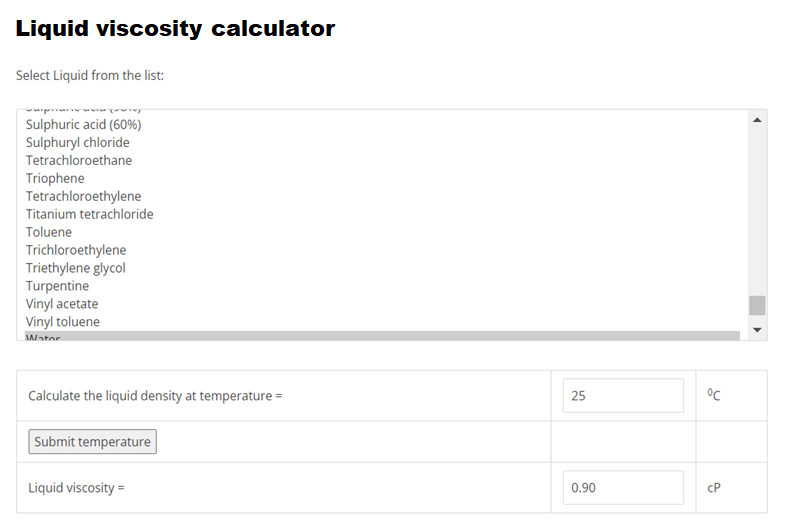 Liquid viscosity calculator