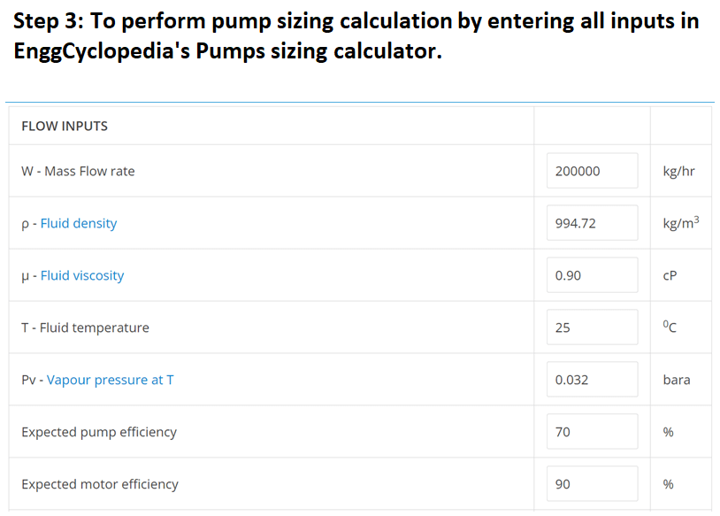 Pump sizing calculator