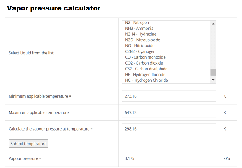 Vapor pressure calculator